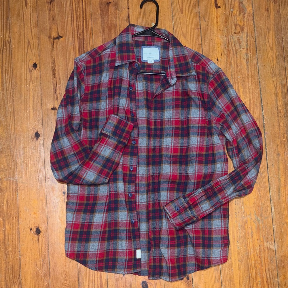 American Eagle Outfitters Red and Gray Plaid Flannel Shirt